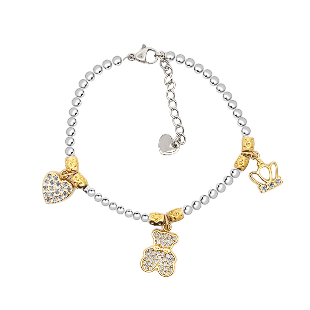 ARMBAND MET KOGELS, KORRELS EN BEDELS GEELGOUD