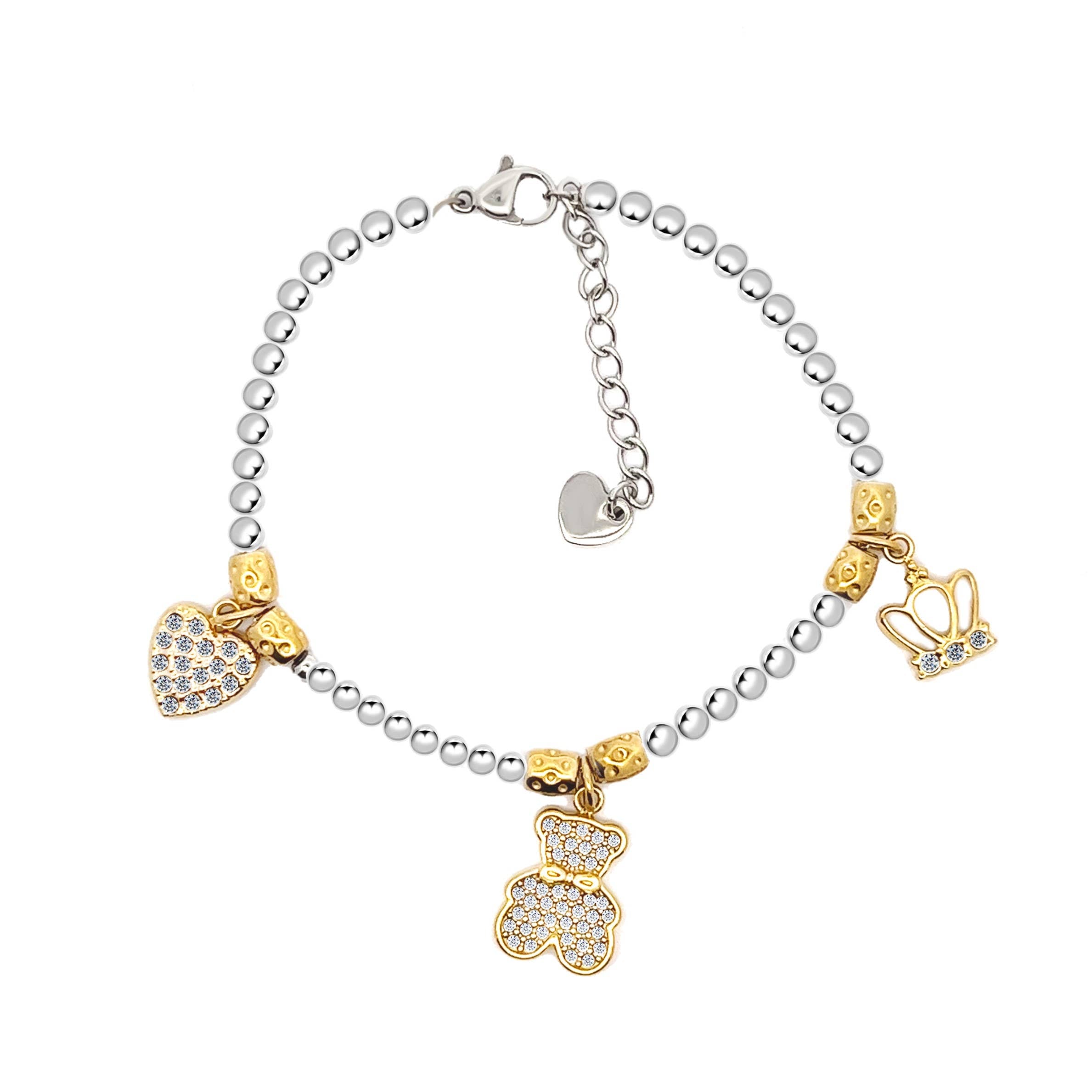 ARMBAND MET KOGELS, KORRELS EN BEDELS GEELGOUD